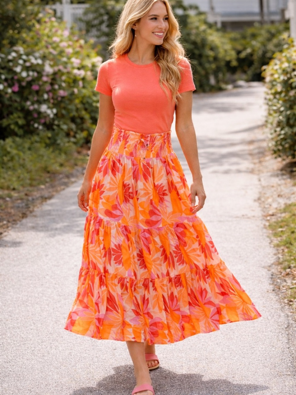 Able The Label Floral Maxi Skirt Boho Tiered Smocked Waist 36”
